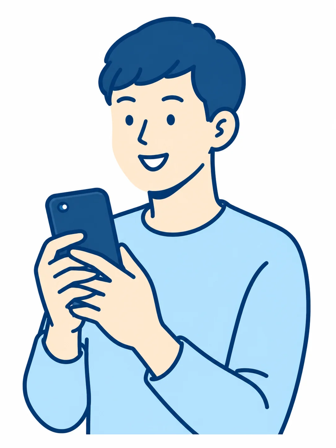 スマートフォンを見る、青いシャツの男性のイラスト
