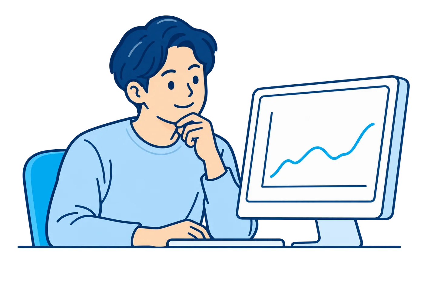 パソコンの株価チャートを見ながら考える男性のイラスト
