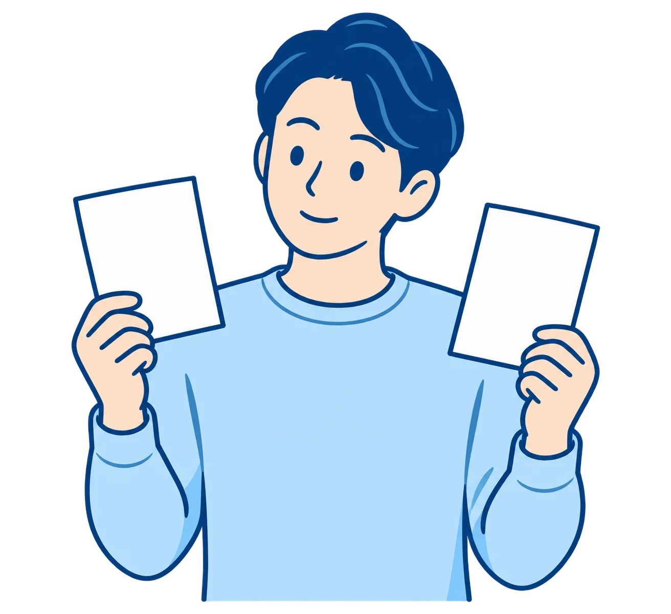 2枚のカードを見比べて考える男性のイラスト